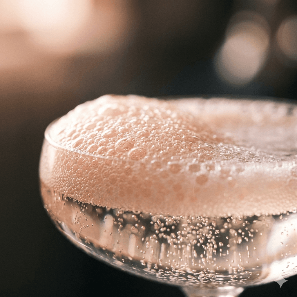 Close-up of soft champagne-pink Shh. foam rising in a coupe glass
